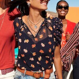 CAbi Women's Flutter Sleeve Navy and Orange Poppy Blouse #5522